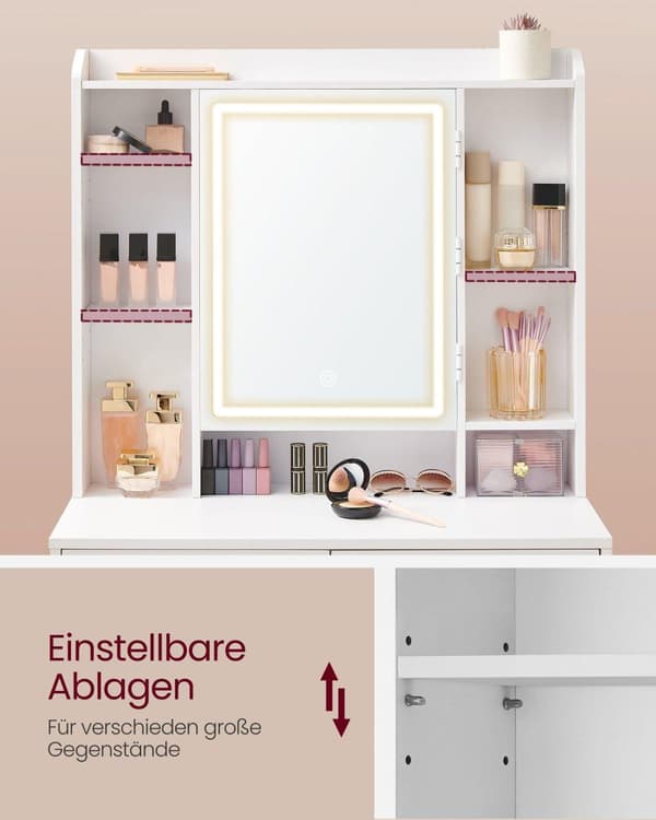 LED-belysning Sminkbord med justerbar ljusstyrka Sminkbord med spegel Kosmetikbord med lådor Öppna fack Justerbara hyllor Modern Cloud White RDT124W0