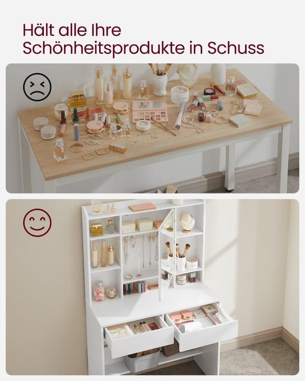 Toiletbord med LED-belysning, 3 farver med justerbar lysstyrke, toiletbord med spejl til makeup, kosmetikbord med justerbare hylder, 2 skuffer, moder