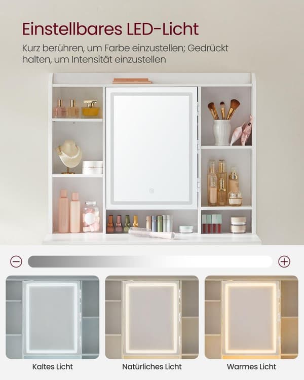 Toiletbord med LED-belysning, 3 farver med justerbar lysstyrke, toiletbord med spejl til makeup, kosmetikbord med justerbare hylder, 2 skuffer, moder