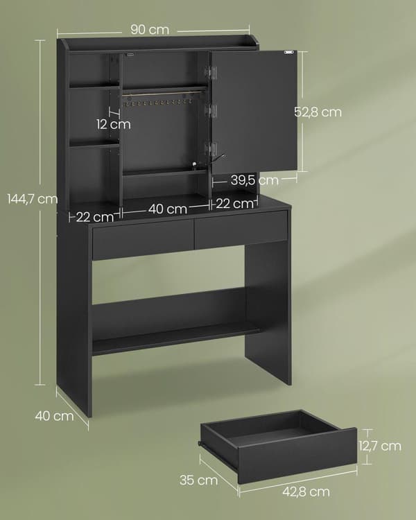 toiletbord med LED-belysning, 3 farver med justerbar lysstyrke, toiletbord med spejl, kosmetikbord med justerbare hylder, 2 skuffer, moderne, blæksor