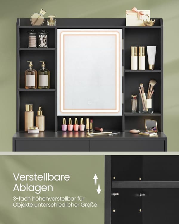 toiletbord med LED-belysning, 3 farver med justerbar lysstyrke, toiletbord med spejl, kosmetikbord med justerbare hylder, 2 skuffer, moderne, blæksor