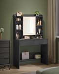 Miniatyrbillede 2 af 6: toiletbord med LED-belysning, 3 farver med justerbar lysstyrke, toiletbord med spejl, kosmetikbord med justerbare hylder, 2 skuffer, moderne, blæksor