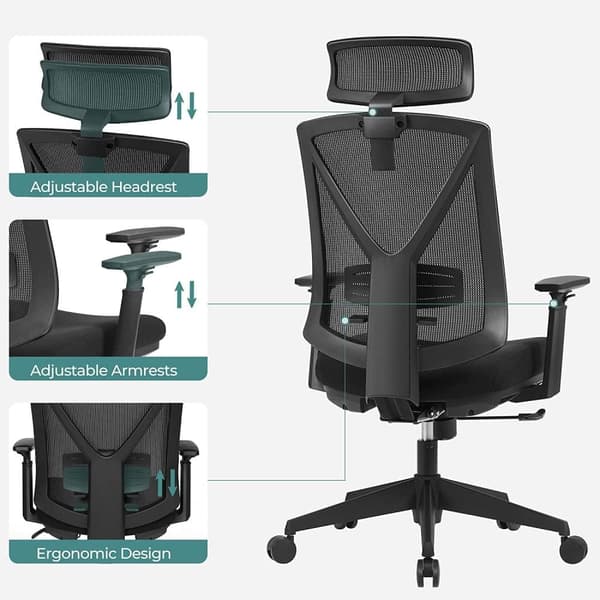 Ergonomisk kontorstol med fodstøtte, skrivebordsstol med lændestøtte, justerbar nakkestøtte og armlæn, højdejustering og vippefunktion, maksimal bela