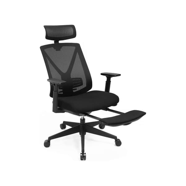 Ergonomisk kontorstol med fodstøtte, skrivebordsstol med lændestøtte, justerbar nakkestøtte og armlæn, højdejustering og vippefunktion, maksimal bela