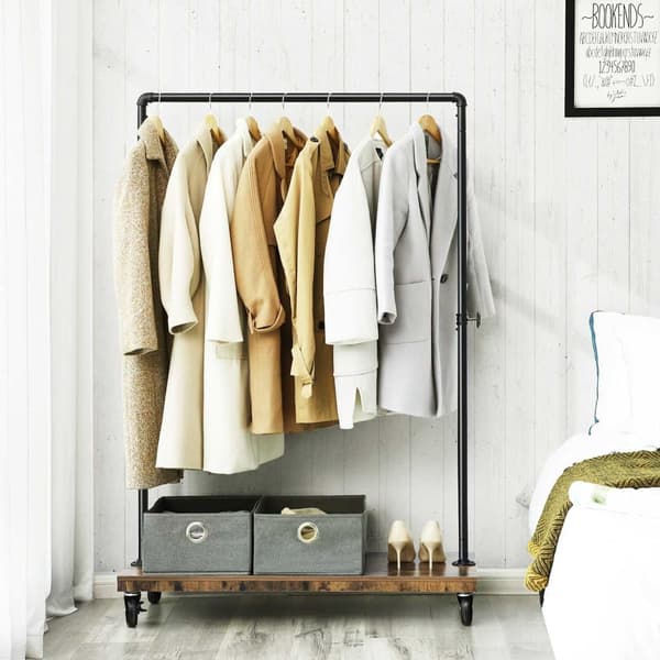 Tøjstativ til soveværelse, kraftigt tøjstativ, industrielt rørrullende tøjstativ med hylde, topskinne maks. Belastning 90 kg, vaskerum, butik, rustik