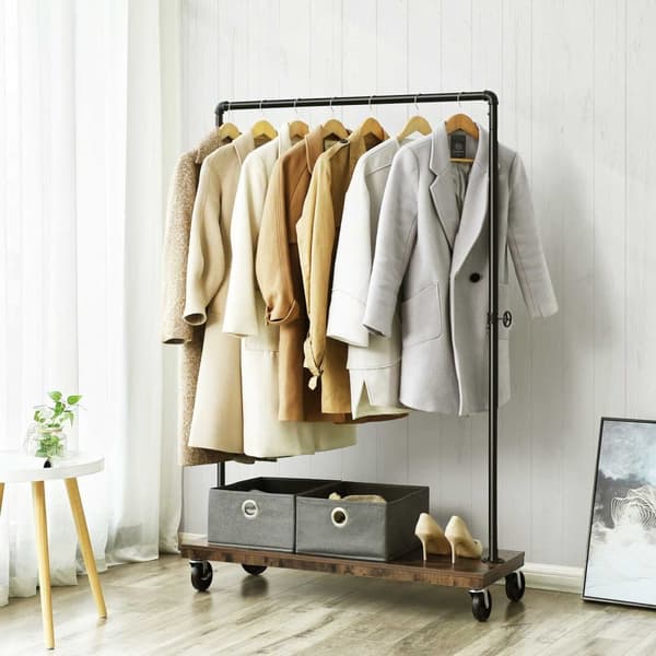 Tøjstativ til soveværelse, kraftigt tøjstativ, industrielt rørrullende tøjstativ med hylde, topskinne maks. Belastning 90 kg, vaskerum, butik, rustik