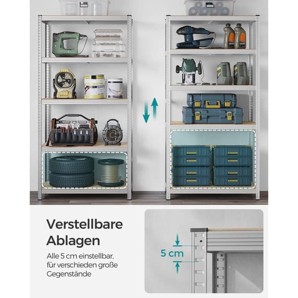 5-trins reoler, sæt med 2 stålreoler til opbevaring, værktøjsfri montering, til garage, skur, belastningskapacitet 600 kg, 50 x 100 x 200 cm, sølv GL