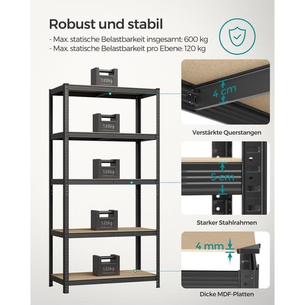 5-trins reoler, sæt med 2 stålreoler til opbevaring, værktøjsfri montering, til garage, skur, belastningskapacitet 600 kg, 50 x 100 x 200 cm, sort GL