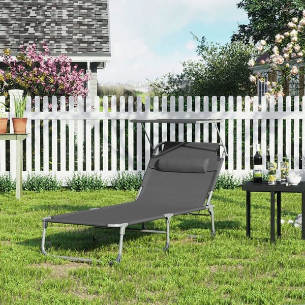 Solstol, solsäng, stor liggsol, 71 x 200 x 38 cm, lastkapacitet 150 kg, med nackstöd, lutande ryggstöd, solskydd, hopfällbar, för trädgård, rökgrå GC