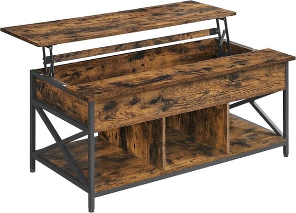 Soffbord, höjdjusterbart vardagsrumsbord, soffbord, öppna och dolda förvaringsutrymmen, X-Struts, 60 x 120 x (48-62) cm, Vintage Brown/Black