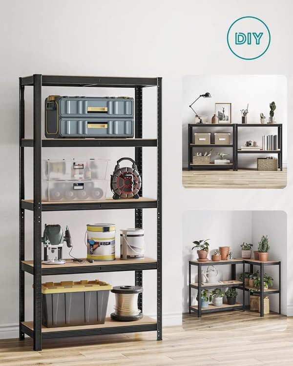 5-trins kraftige reoler, sæt med 2 stålreoler til opbevaring, boltfri samling, til garage, skur, belastningskapacitet 1929 lb hver, 15,7 x 35,4 x 70,