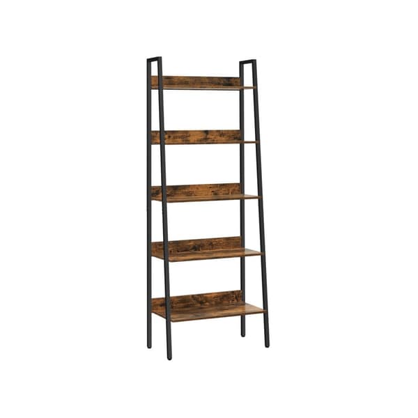 Bokhylla, steghylla med 5 hyllplan, öppen stående hylla, smal för vardagsrum, sovrum, kök, kontor, metallram, industriell design, vintage brun-svart