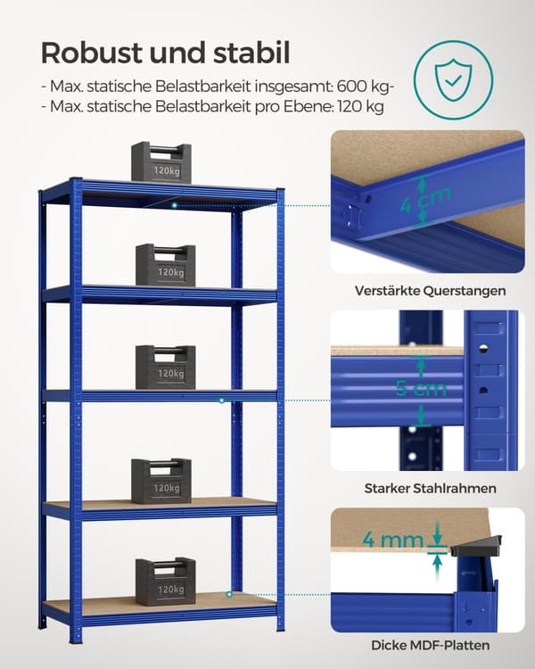 5-trins reol, stålreol til opbevaring, værktøjsfri montering, til garage, skur, belastningskapacitet 600 kg, 50 x 100 x 200 cm, blå GLR050Q01