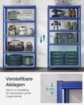 Miniatyrbillede 4 af 6: 5-trins reol, stålreol til opbevaring, værktøjsfri montering, til garage, skur, belastningskapacitet 600 kg, 50 x 100 x 200 cm, blå GLR050Q01