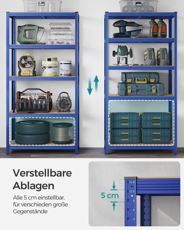 5-trins reol, stålreol til opbevaring, værktøjsfri montering, til garage, skur, belastningskapacitet 600 kg, 50 x 100 x 200 cm, blå GLR050Q01