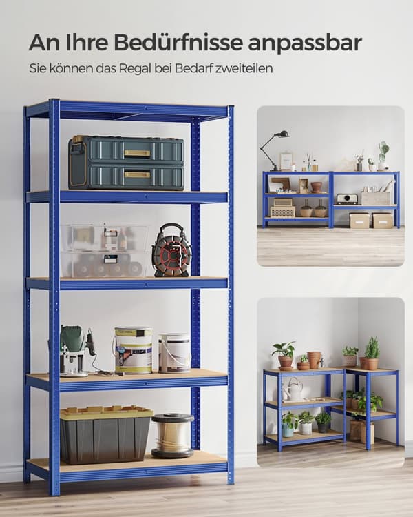 5-trins reol, stålreol til opbevaring, værktøjsfri montering, til garage, skur, belastningskapacitet 600 kg, 50 x 100 x 200 cm, blå GLR050Q01