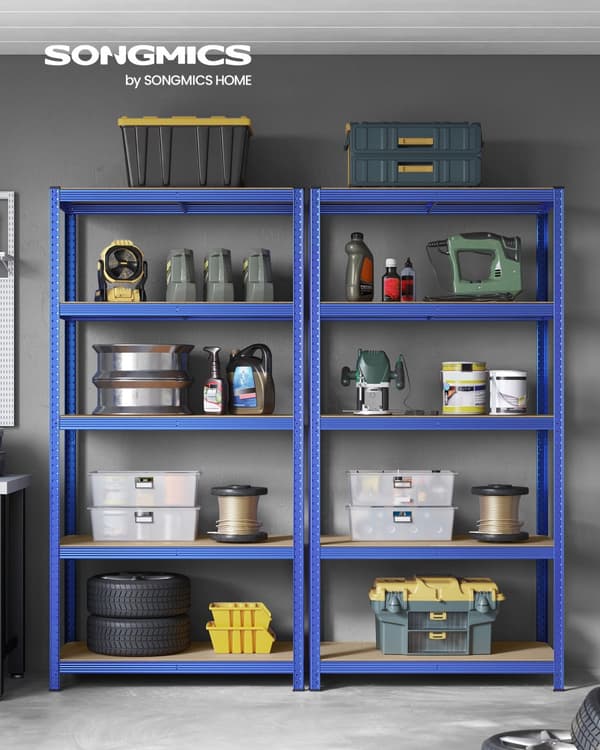 5-trins reol, stålreol til opbevaring, værktøjsfri montering, til garage, skur, belastningskapacitet 600 kg, 50 x 100 x 200 cm, blå GLR050Q01