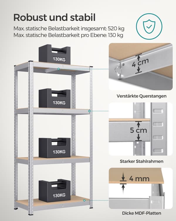 Kraftig hylla set med 2 justerbara hyllplan silver
