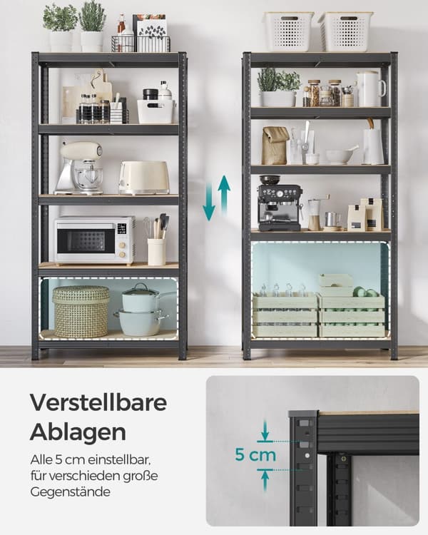 5-tasoinen hyllystö, teräshyllystö varastointiin, työkaluton kokoonpano, autotalliin, vajaan, kantavuus 875 kg, 40 x 90 x 180 cm, harmaa GLR040G01