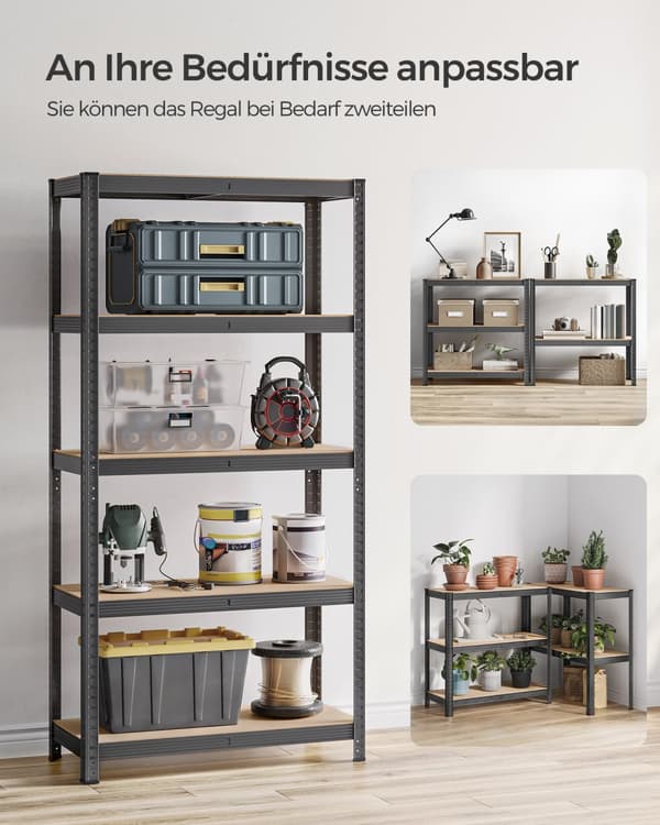 5-tasoinen hyllystö, teräshyllystö varastointiin, työkaluton kokoonpano, autotalliin, vajaan, kantavuus 875 kg, 40 x 90 x 180 cm, harmaa GLR040G01