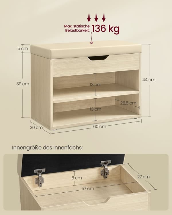 Skobänk med dyna 30 x 60 x 44 cm naturbeige