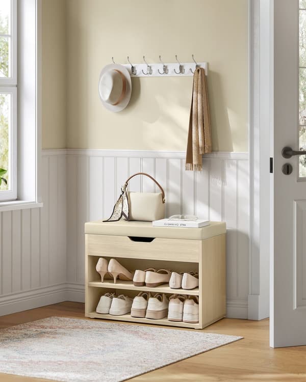 Skobänk med dyna 30 x 60 x 44 cm naturbeige