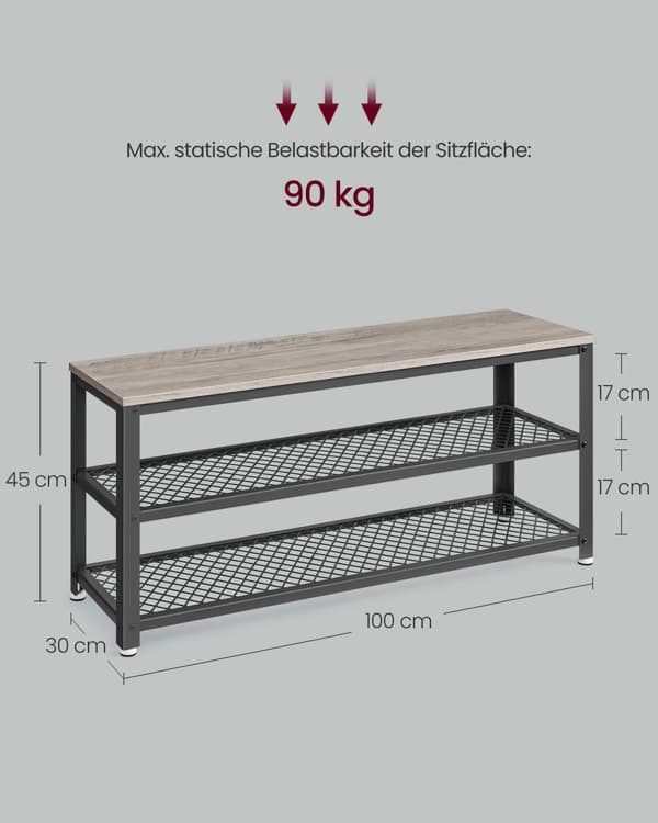Skobänk Skoställ med 2 gallerhyllor Förvaring för skor 30 x 100 x 45 cm för entré, hall, vardagsrum, metallram, industriell design, Greige-Svart