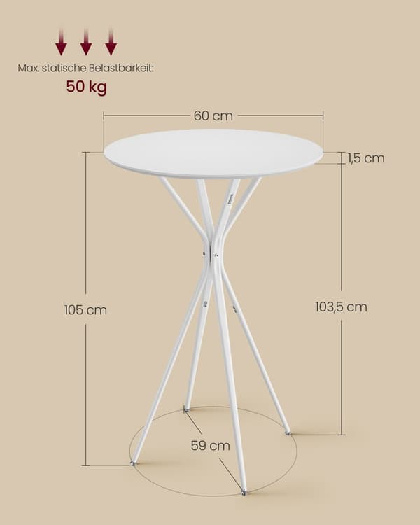 Barbord med metallram 60 x 60 x 105 cm molnvitt-mattvitt