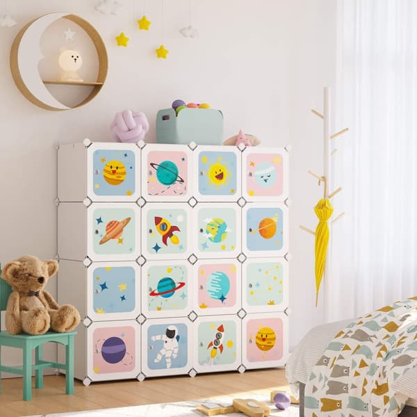 Kannettava vaatekaappi, DIY vaatekaappi ripustettaville vaatteille, modulaarinen säilytysjärjestäjä lapsille, 16 kuutiota, 4 ripustuskiskoa, 123 x 41