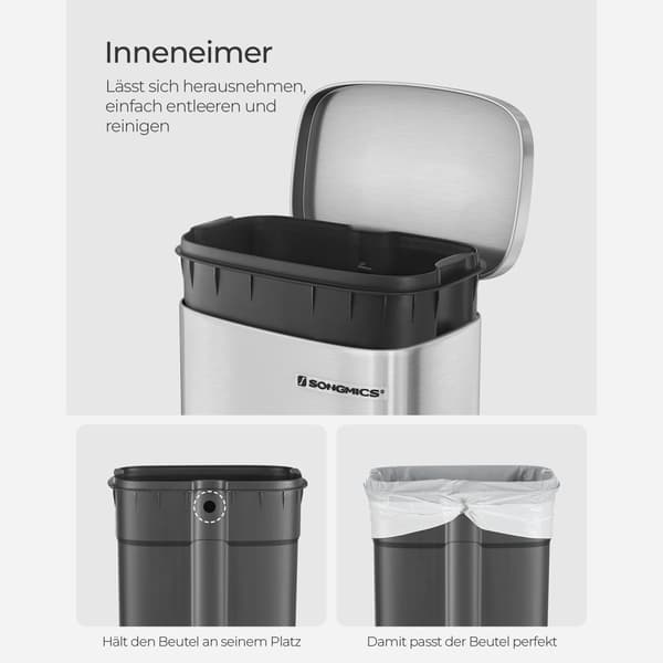 Køkkenaffaldsspand, pedalspand 30 l, med indvendig plastspand, hængslet låg, blød lukning, lugtfri og hygiejnisk, sølvfarvet