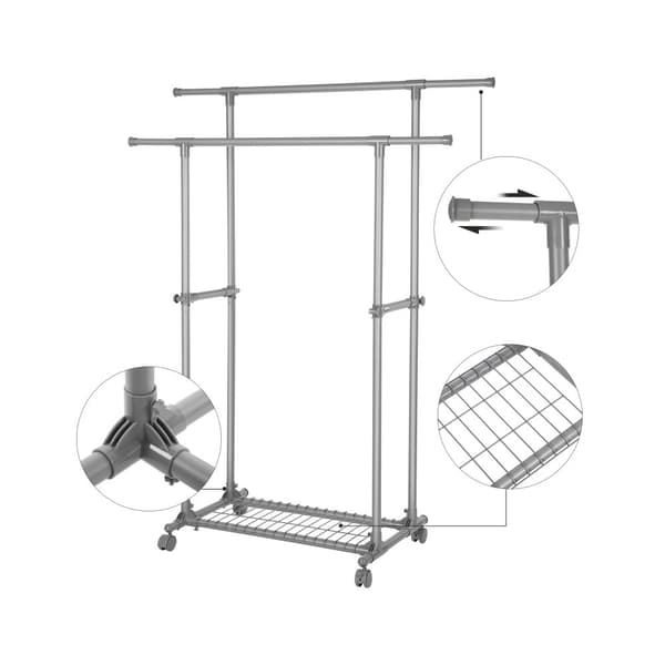 Dobbelt tøjstativ, udtrækkeligt tøjstativ, fra 87 til 150 cm, rullende tøjstativ med hylde, robust struktur, maks. statisk belastning 70 kg, til tøj
