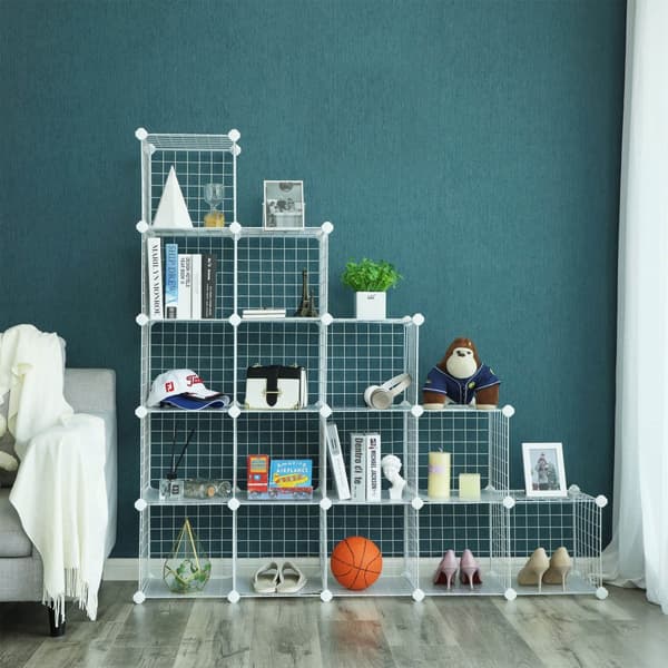 16 kuution metallilanka säilytysjärjestäjä, DIY kaappi ja modulaariset hyllystöt, metalliverkkohyllyt ja telineet, valkoinen, valkoinen