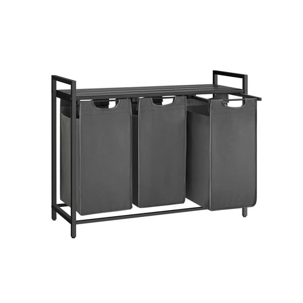 Pyykkikori, 3-osastoinen pyykkikori, ulosvedettävät ja irrotettavat pyykkipussit, pyykkihylly, hylly, metallirunko, 3 x 38L, 92,5 x 33 x 72 cm, musta