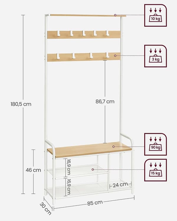 HSR409W09 Kapphylla med 9 krokar Skobänk Hylla 30 x 85 x 180,5 cm för Hall Sovrum Små Lägenheter Modern Ek Vit