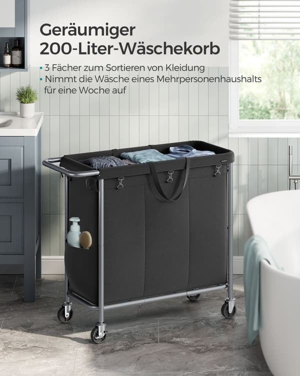 Vasketøjskurv 3 rum 200 liter med hjul og håndtag