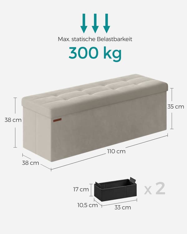 Bænk med opbevaringsplads i fløjl 38 x 110 x 38 cm