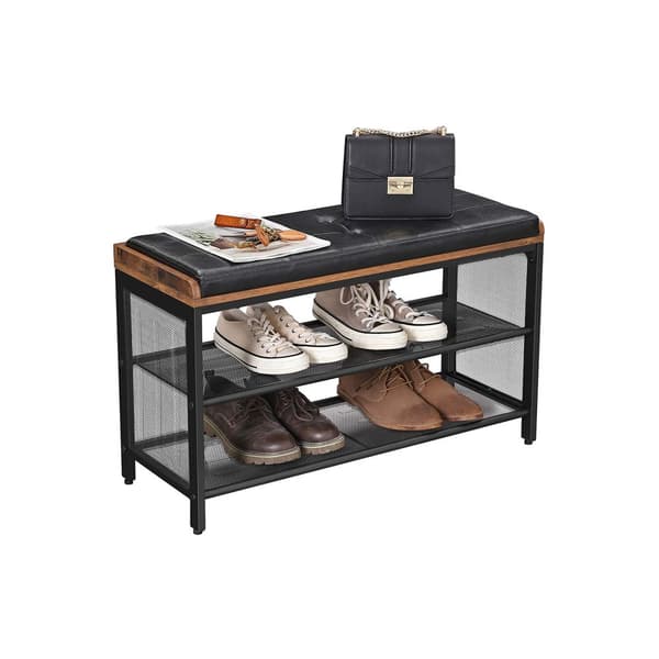 Skobänk Vadderad bänk med näthylla Skoställ 80 x 30 x 48 cm Hall Sovrum Metall Utrymmesbesparande Industriell Design Faux Läder Vintage Brun Svart