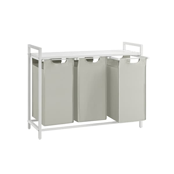 Vasketøjskurv, 3-rums vasketøjskurv, udtrækkelige og aftagelige vasketøjsposer, vasketøjssorterer, hylde, metalramme, 3 x 38L, 92,5 x 33 x 72 cm, hvi