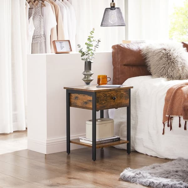 Natbord, sengebord, sidebord med skuffe og hylde, endebord, soveværelse, stue, nem montering, stålramme, industriel, rustik brun og sort LET55BX