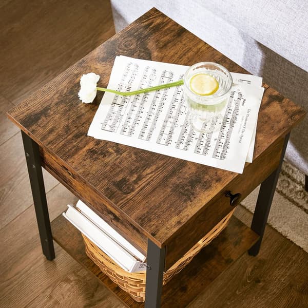 Natbord, sengebord, sidebord med skuffe og hylde, endebord, soveværelse, stue, nem montering, stålramme, industriel, rustik brun og sort LET55BX