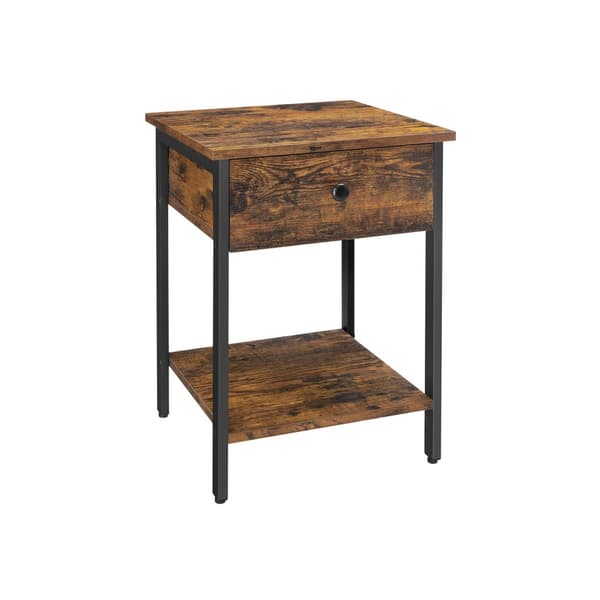 Natbord, sengebord, sidebord med skuffe og hylde, endebord, soveværelse, stue, nem montering, stålramme, industriel, rustik brun og sort LET55BX