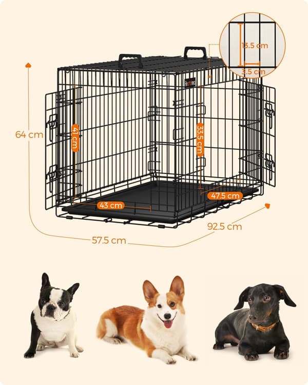Hundebur, Hundekasse med 2 døre, 92,5 x 57,5 x 64 cm, Sort