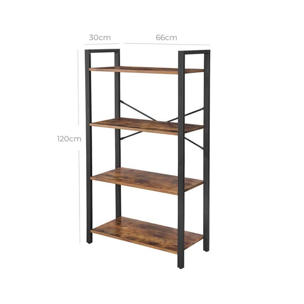 4-facks bokhylla, förvaringsställ med stålram, 120 cm hög, för vardagsrum, kontor, arbetsrum, hall, industriell stil, rustik brun och svart