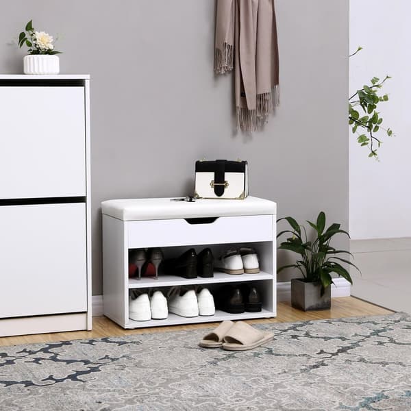 Skohylla med gångjärnsförsett lock och vadderad sits, skoorganisator med 2 fack, 60 x 30 x 44 cm, vit