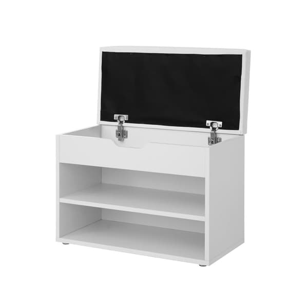 Skohylla med gångjärnsförsett lock och vadderad sits, skoorganisator med 2 fack, 60 x 30 x 44 cm, vit