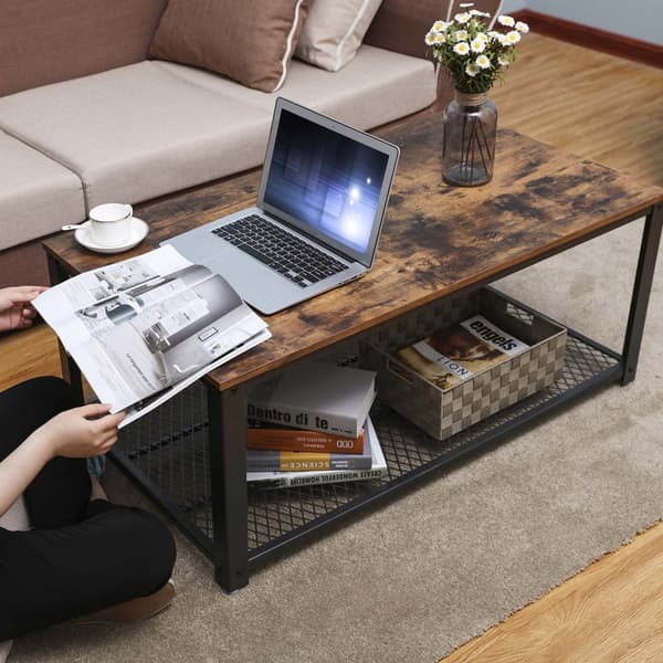 Soffbord, cocktailbord, lätt att montera, industriellt sidobord, sovrum, med metallram, med förvaringshylla, för vardagsrum, sovrum, rustikt brunt