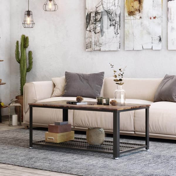 Soffbord, cocktailbord, lätt att montera, industriellt sidobord, sovrum, med metallram, med förvaringshylla, för vardagsrum, sovrum, rustikt brunt