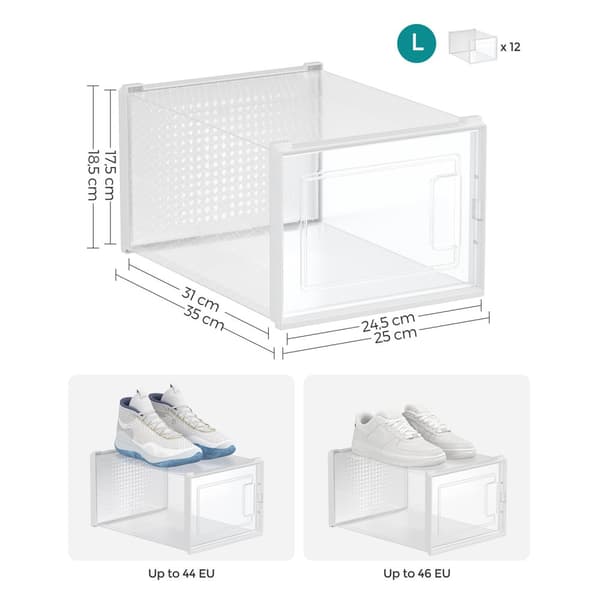 Skoboxar, Förpackning med 12 stapelbara förvaringsboxar för skor, vikbara och mångsidiga för sneakers, passar upp till brittisk storlek 10, transpare