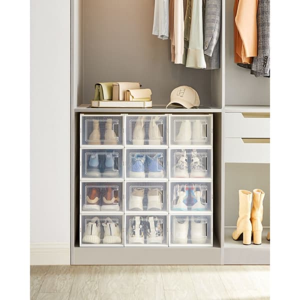 Skoboxar, Förpackning med 12 stapelbara förvaringsboxar för skor, vikbara och mångsidiga för sneakers, passar upp till brittisk storlek 10, transpare
