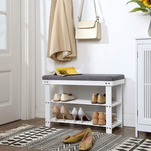 Bambu skobänk, 2-stegs skoställ, stabil skoorganisator för entré, vardagsrum, bänksits håller upp till 150 kg, 71 x 29 x 49 cm, vit och grå LBS604W01